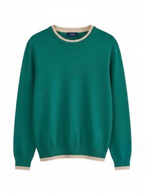 Faconnable Teal Green Crewneck Sweater with Contrast Beige Trim L Cotton
